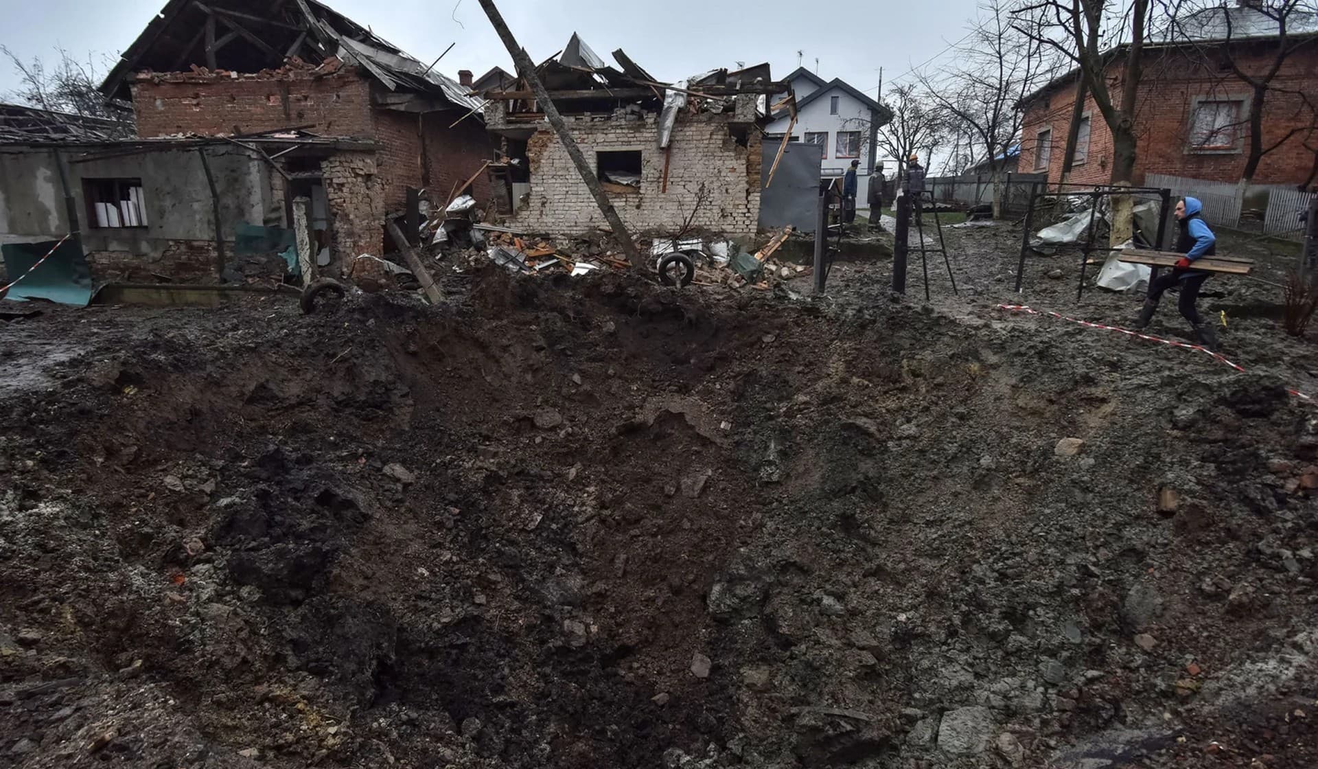 A crater at a site of a residential area damaged by a Russian missile strike in Lviv