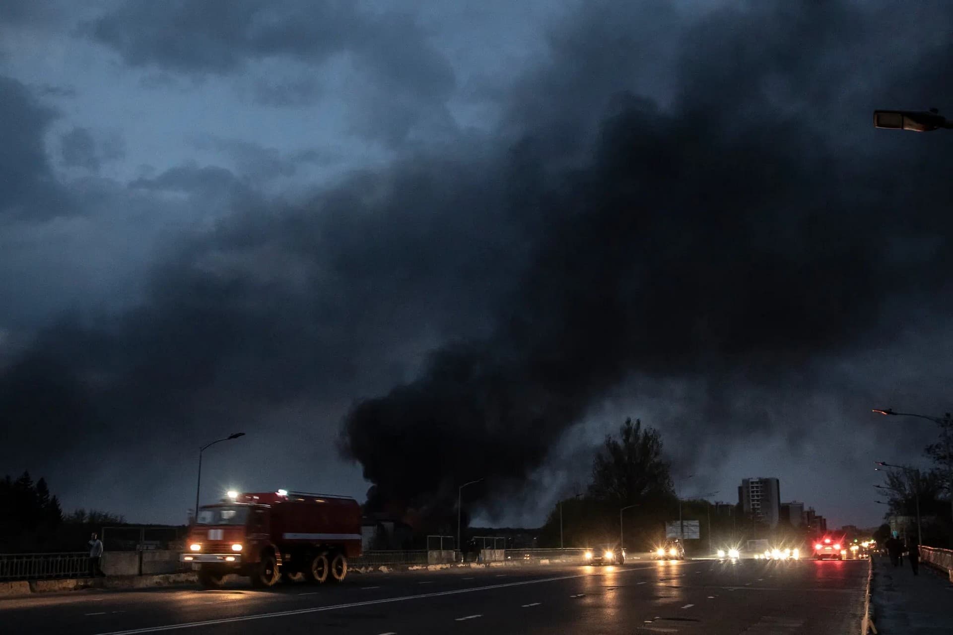 Smoke rising from the site of a Russian missile attack in Lviv on Tuesday evening