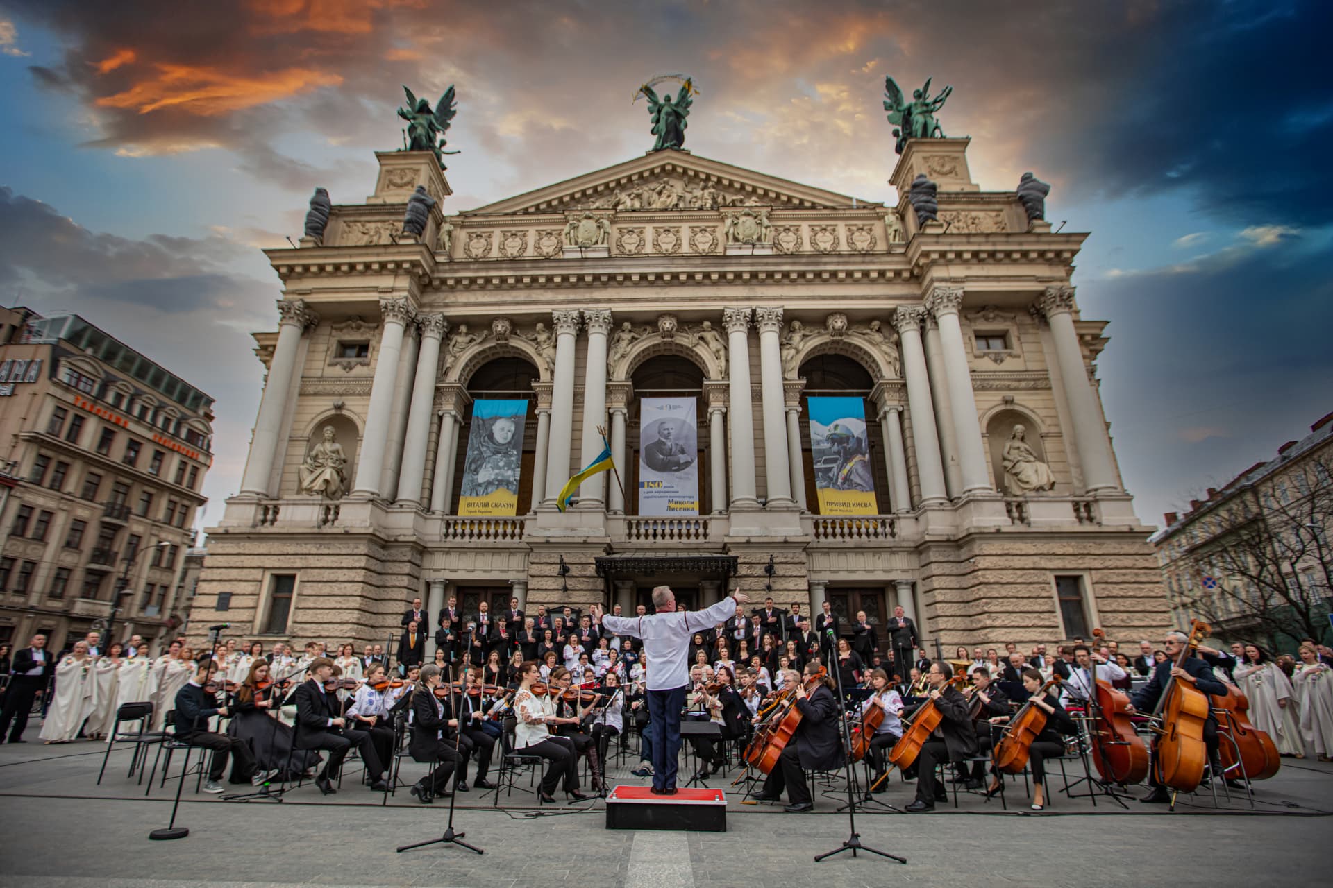 Lviv, Ukraine- March 26, 2022: Concert near Lviv National Opera during russian war.