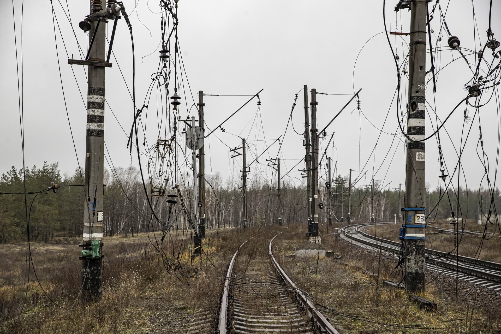 A view of damaged electrical wires after Ukrainian army retaken control from the Russian forces in Lyman