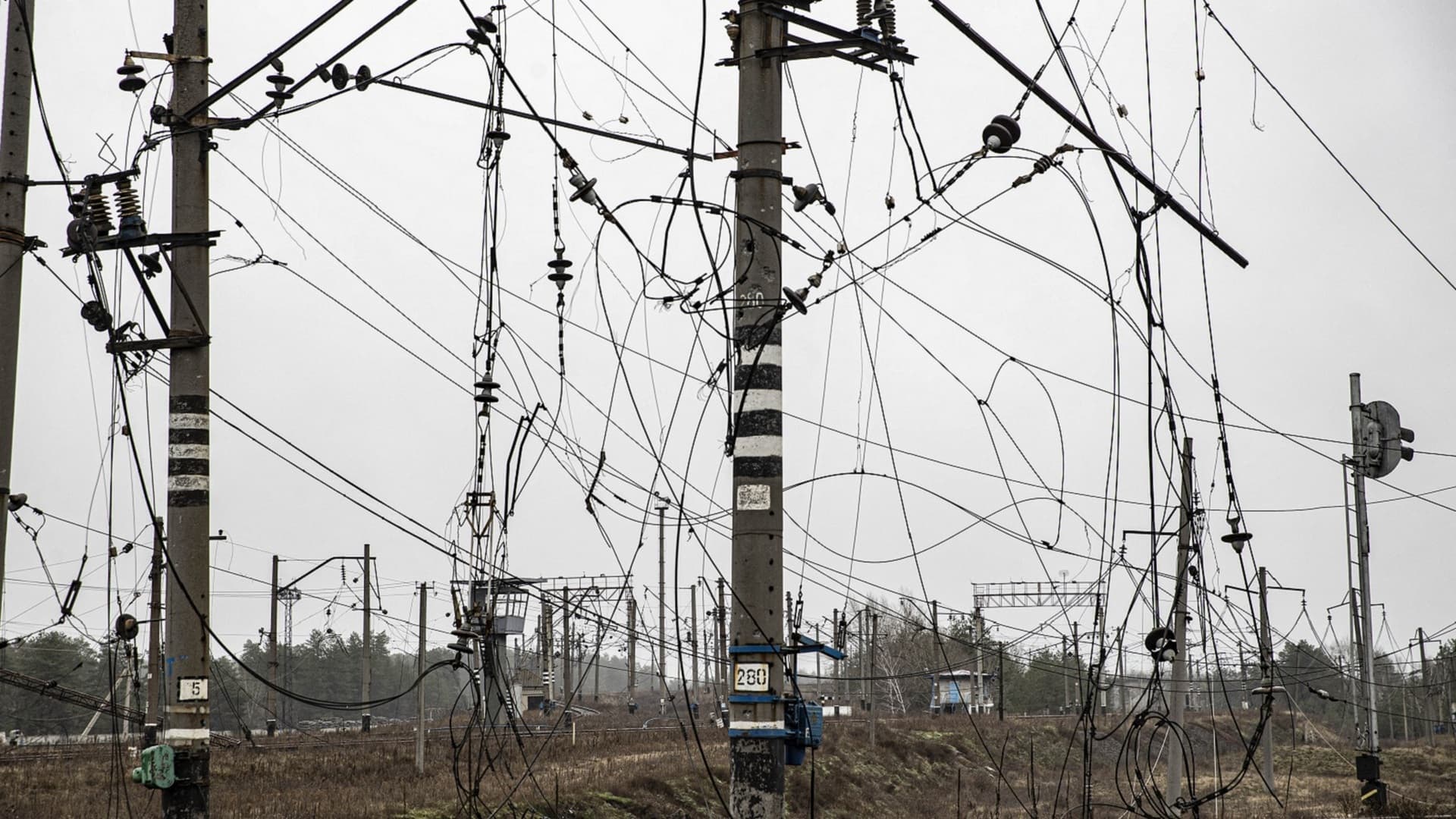 A view of damaged electrical wires after Ukrainian army retaken control from the Russian forces in Lyman