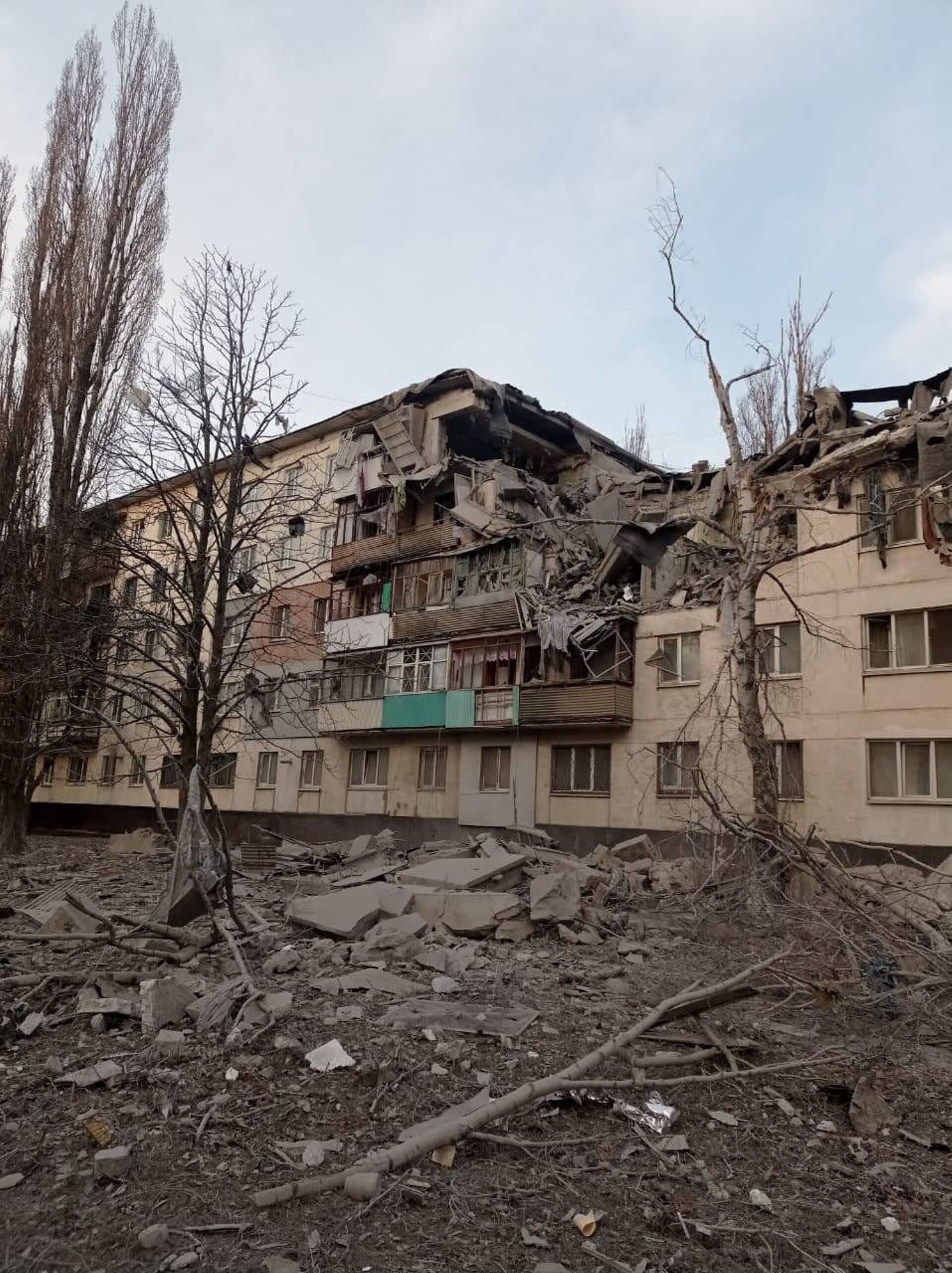 A residential building damaged by shelling in Lysychans'k