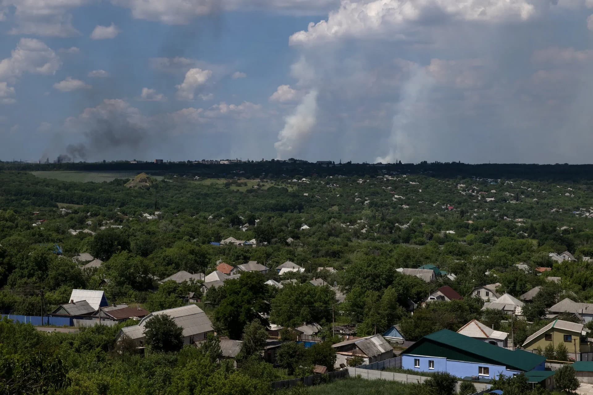 Smoke from bombing is seen rising from Lysychansk