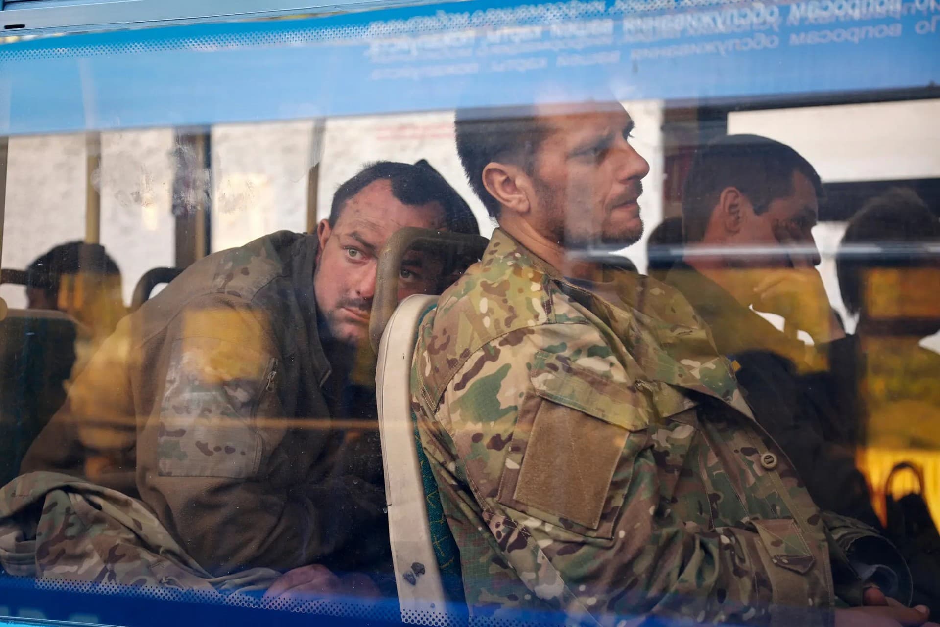 Ukrainian servicemen in a bus after they were evacuated from Mariupol’s besieged Azovstal steel plant on Tuesday