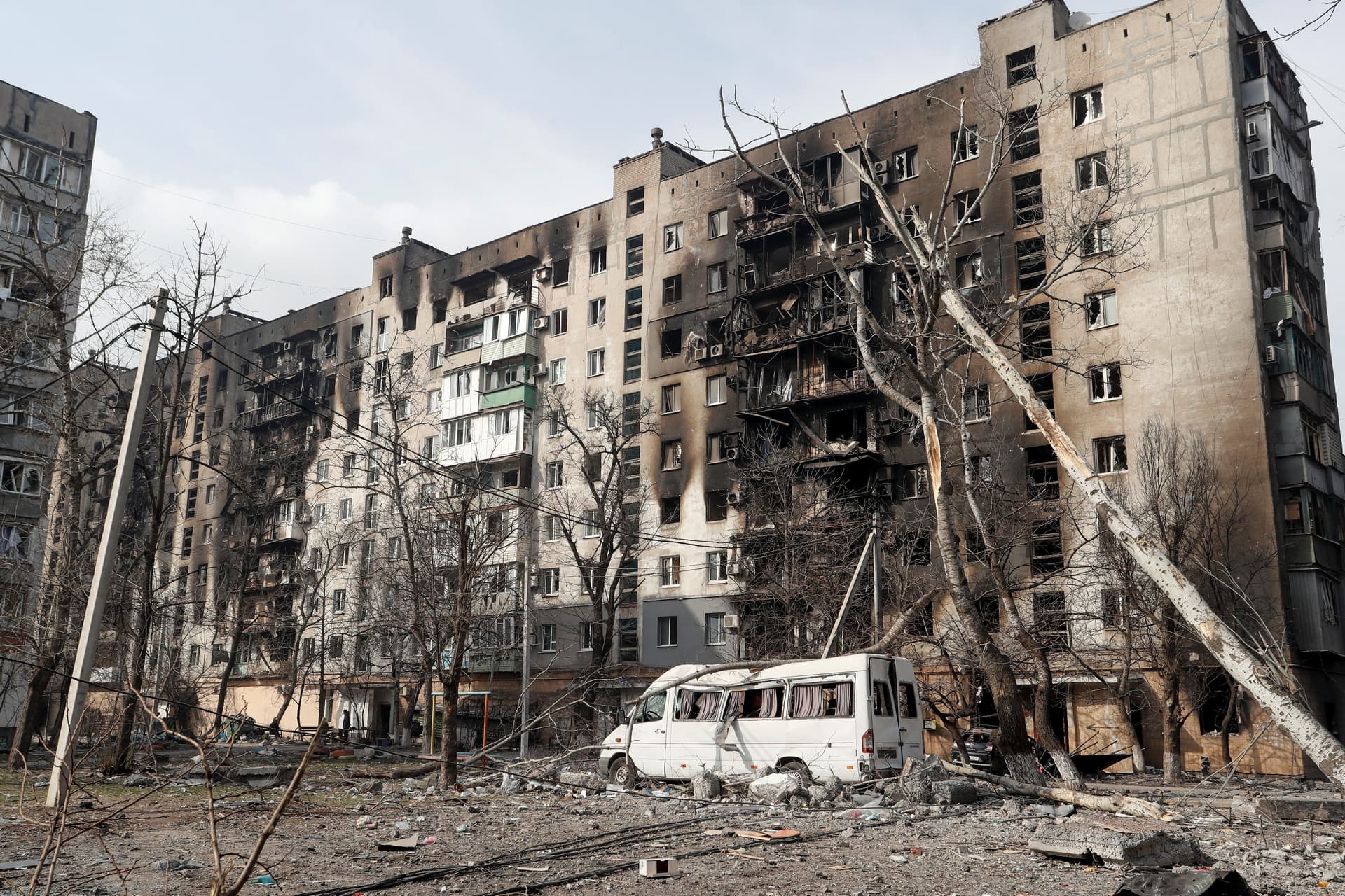 apartment building destroyed in the course of Ukraine-Russia conflict in Mariupol