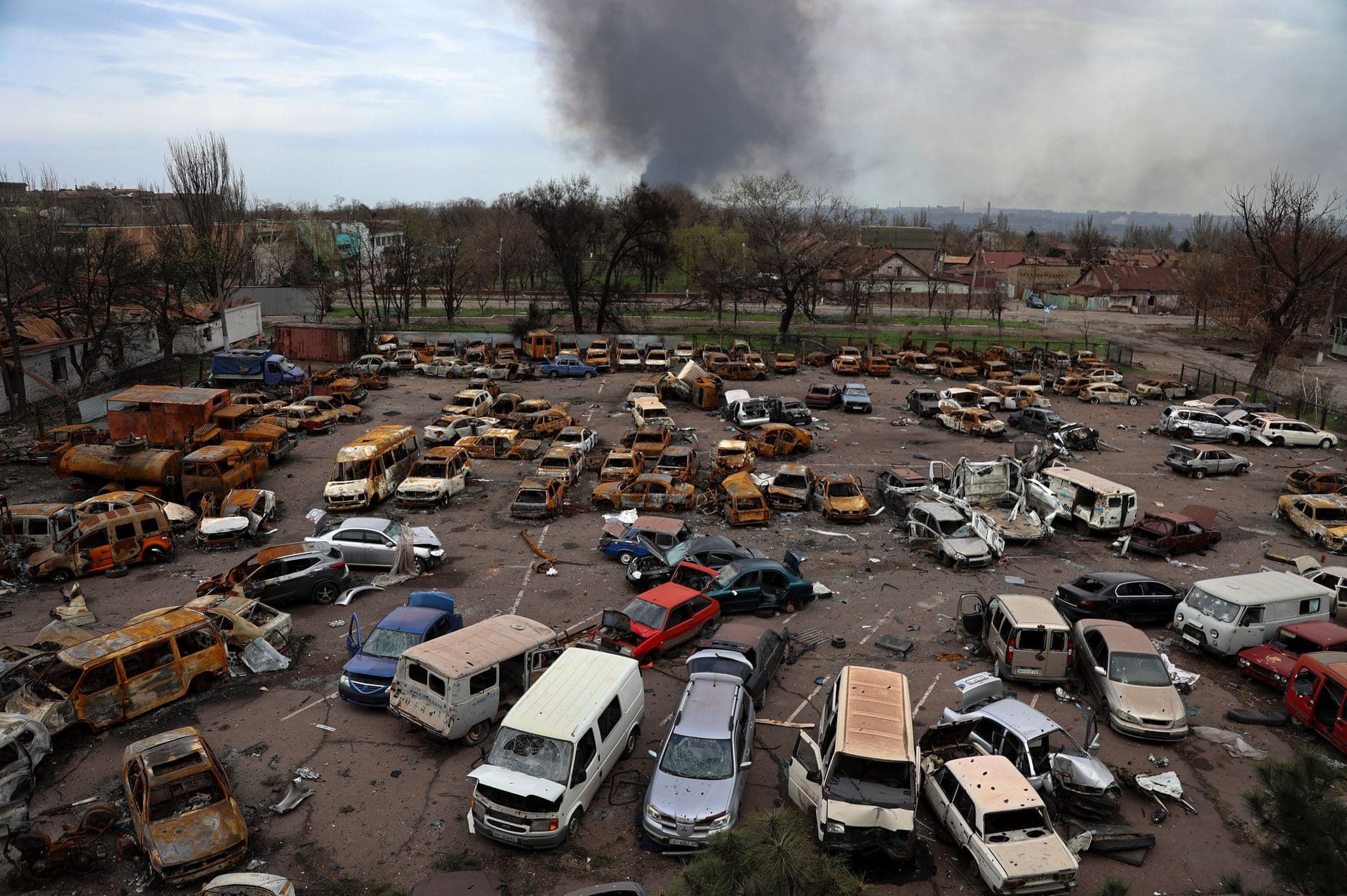 Damaged and burned vehicles in Mariupol