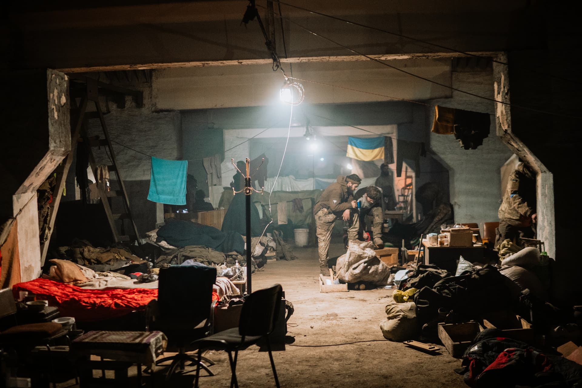 Ukrainian soldiers inside the ruined Azovstal steel plant in their shelter in Mariupol