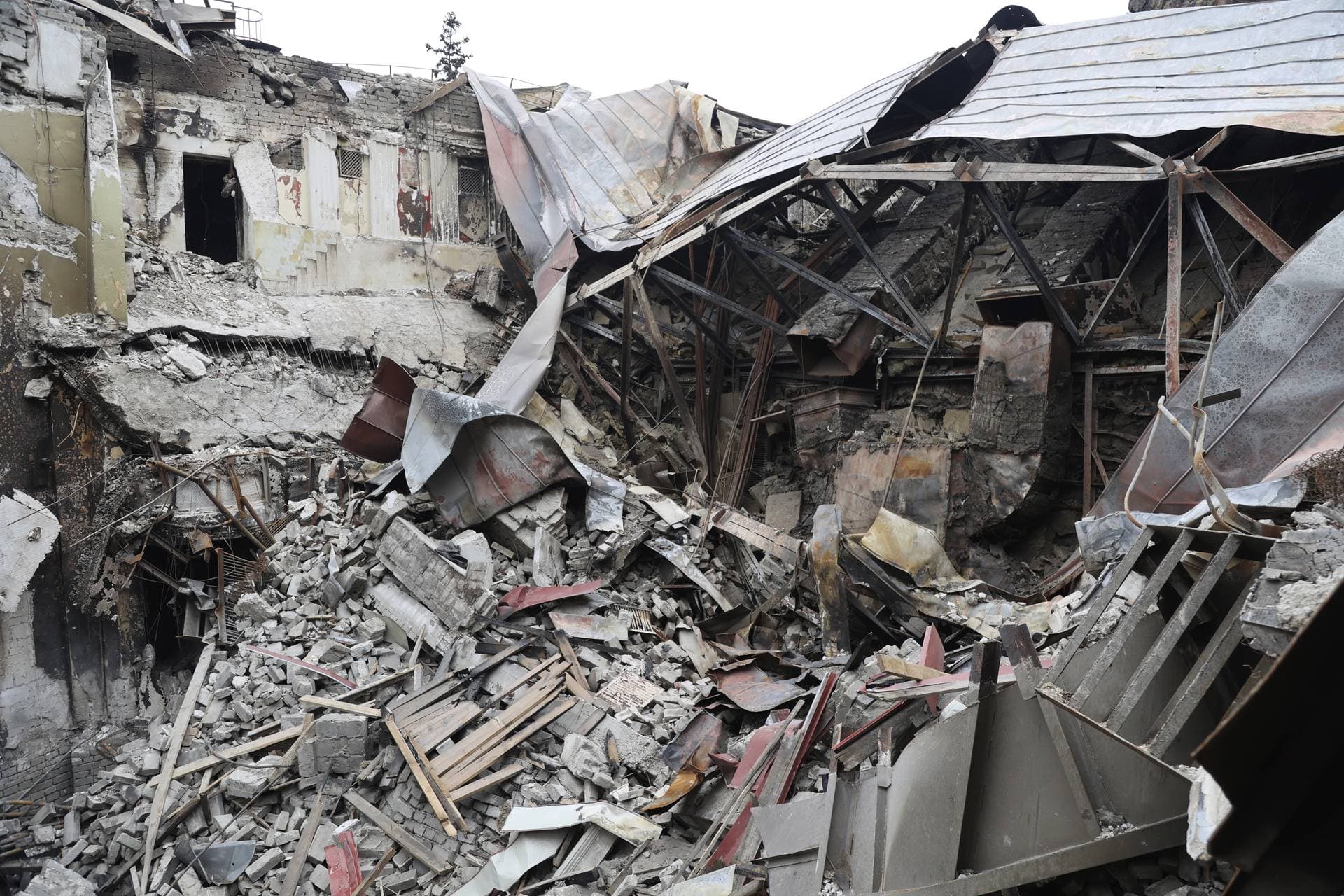 Rubble from the damaged Donetsk Academic Regional Drama Theatre in Mariupol