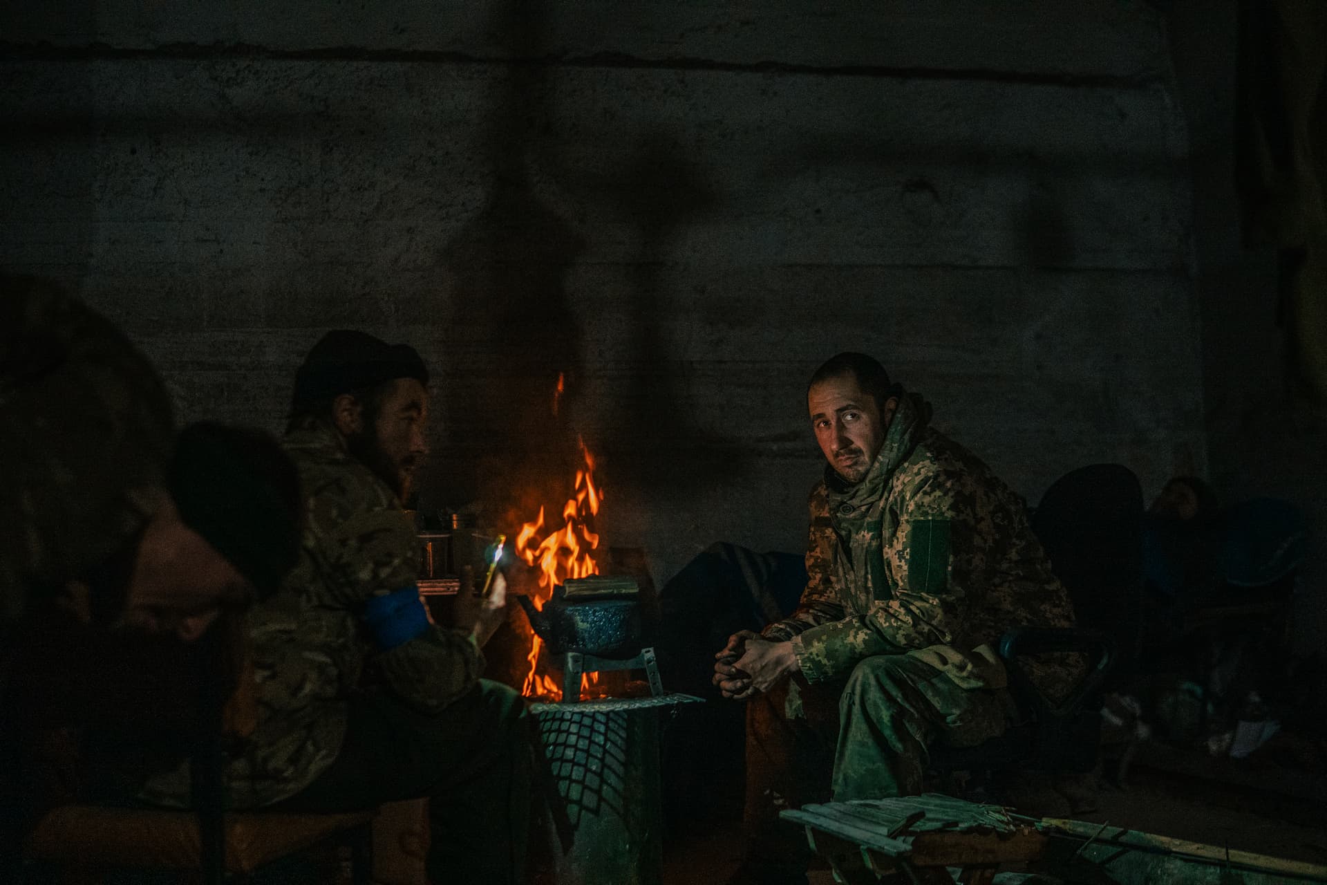 Ukrainian soldiers inside the ruined Azovstal steel plant in their shelter in Mariupol