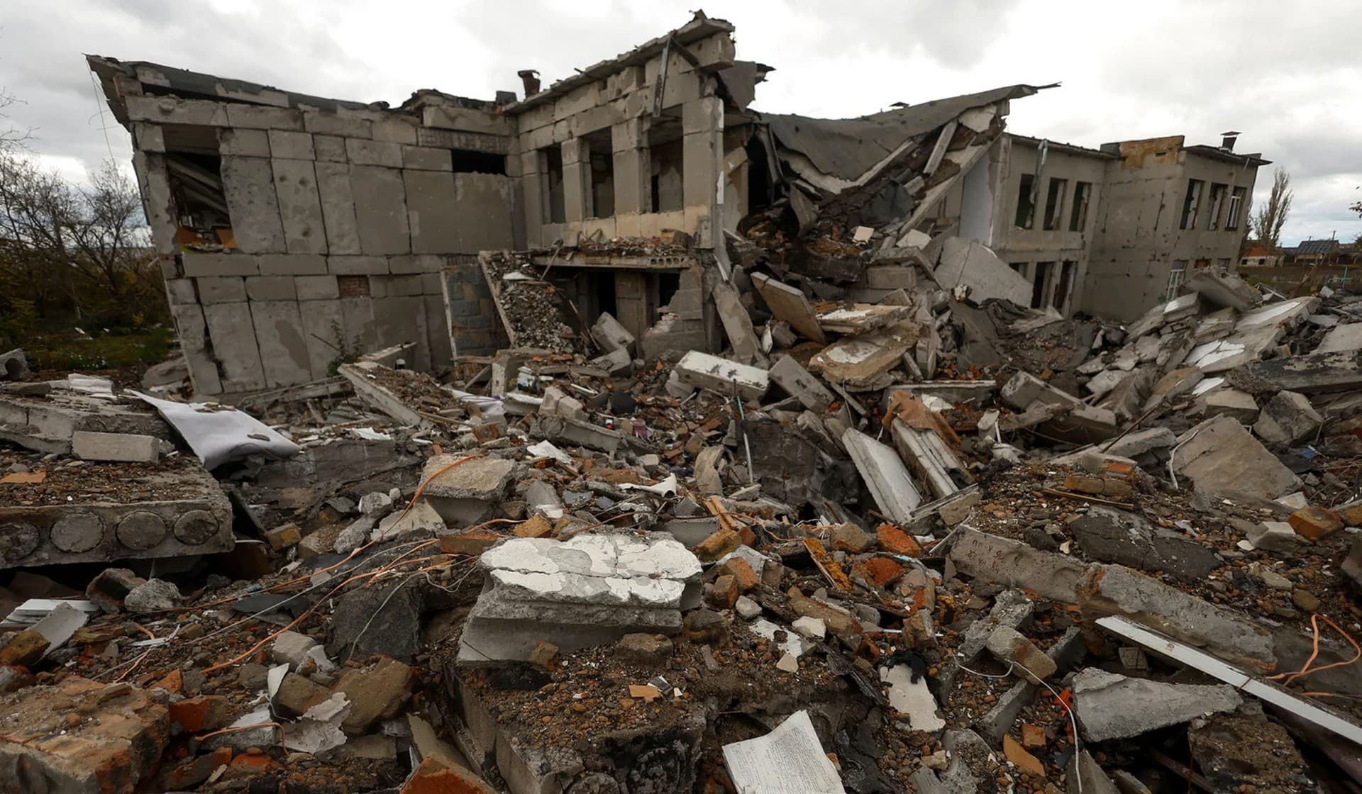 A school building destroyed by a Russian air strike in a village near a frontline in Mykolaiv Region