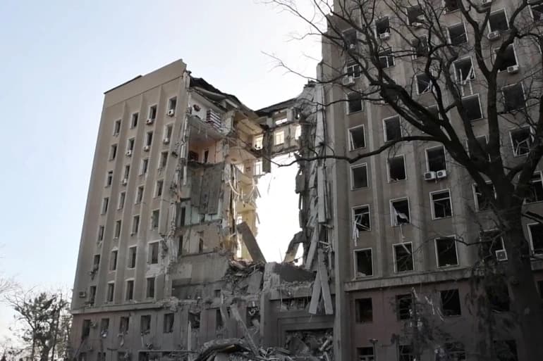 The regional administration building is seen damaged after it was hit by cruise missiles, as Russia's attack on Ukraine continues, in Mykolaiv, Ukraine