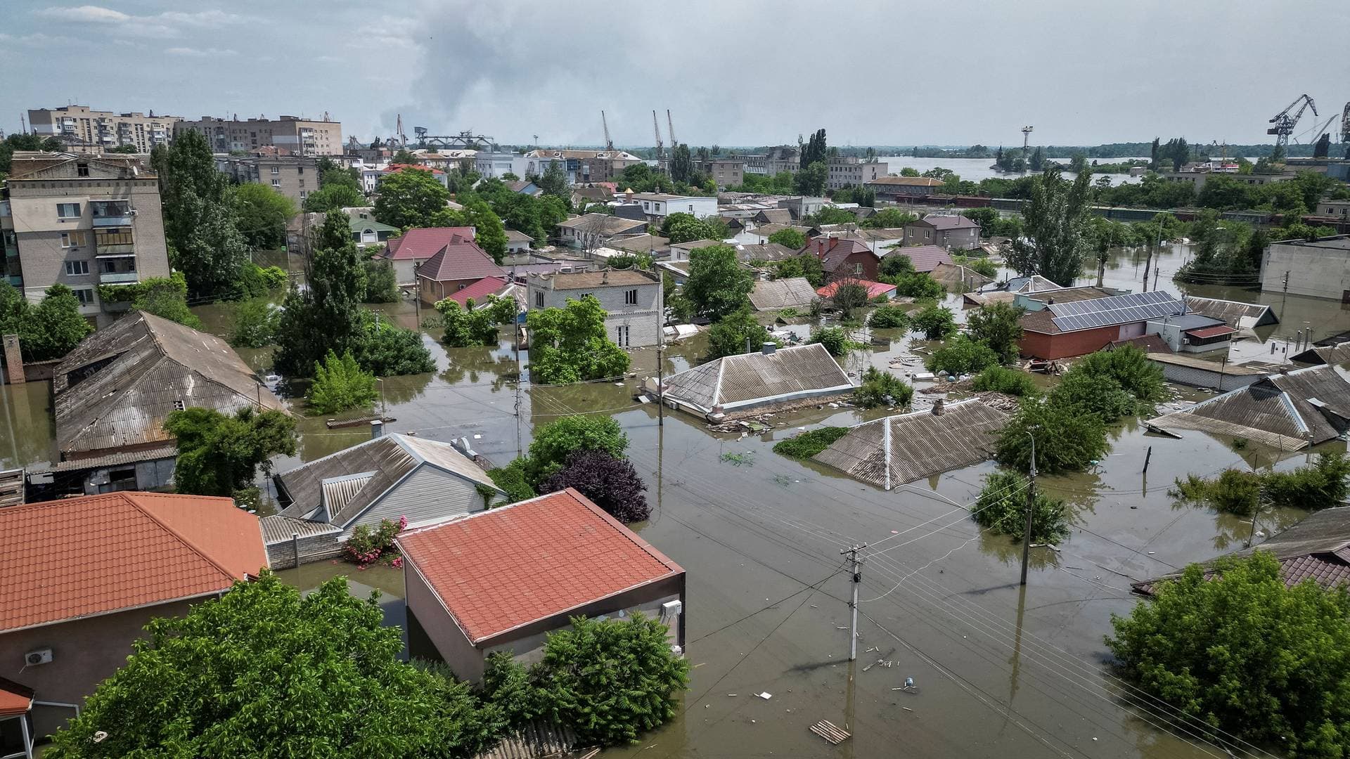 An aerial view of flooding in Kherson after the Nova Kakhovka dam breach