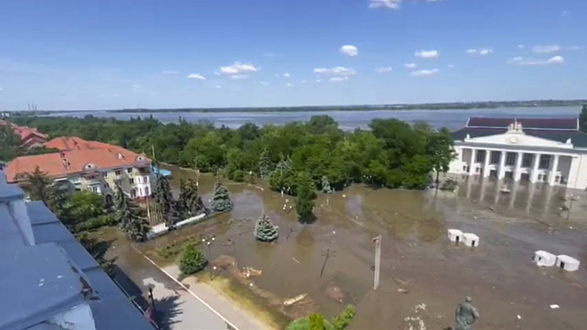 the central square of Nova Kakhovka is flooded after the Kakhovka dam was blown up