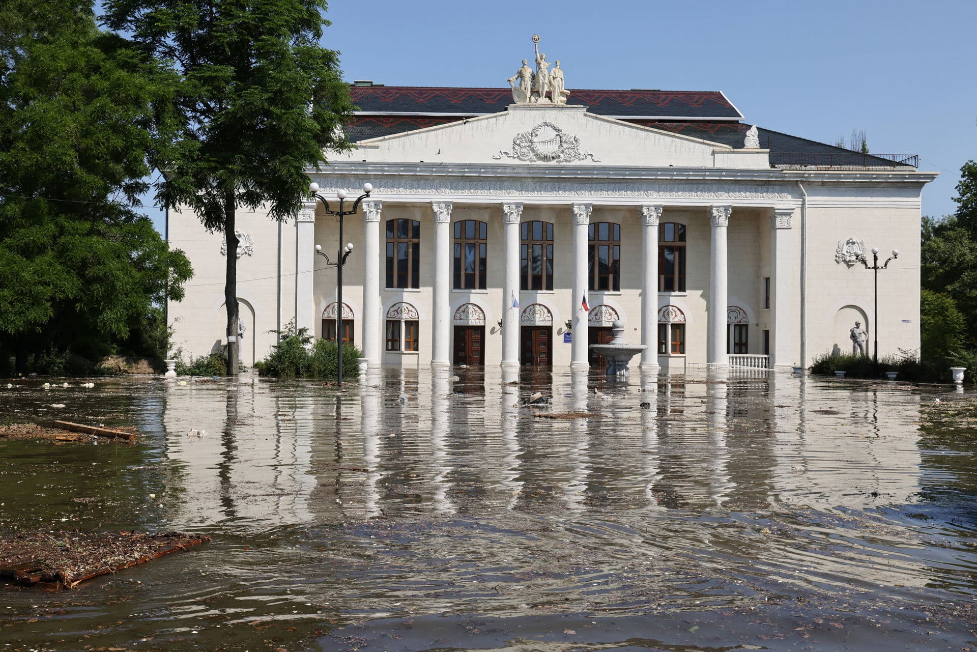 The community center in Nova Kakhovka as floodwaters continue to rise