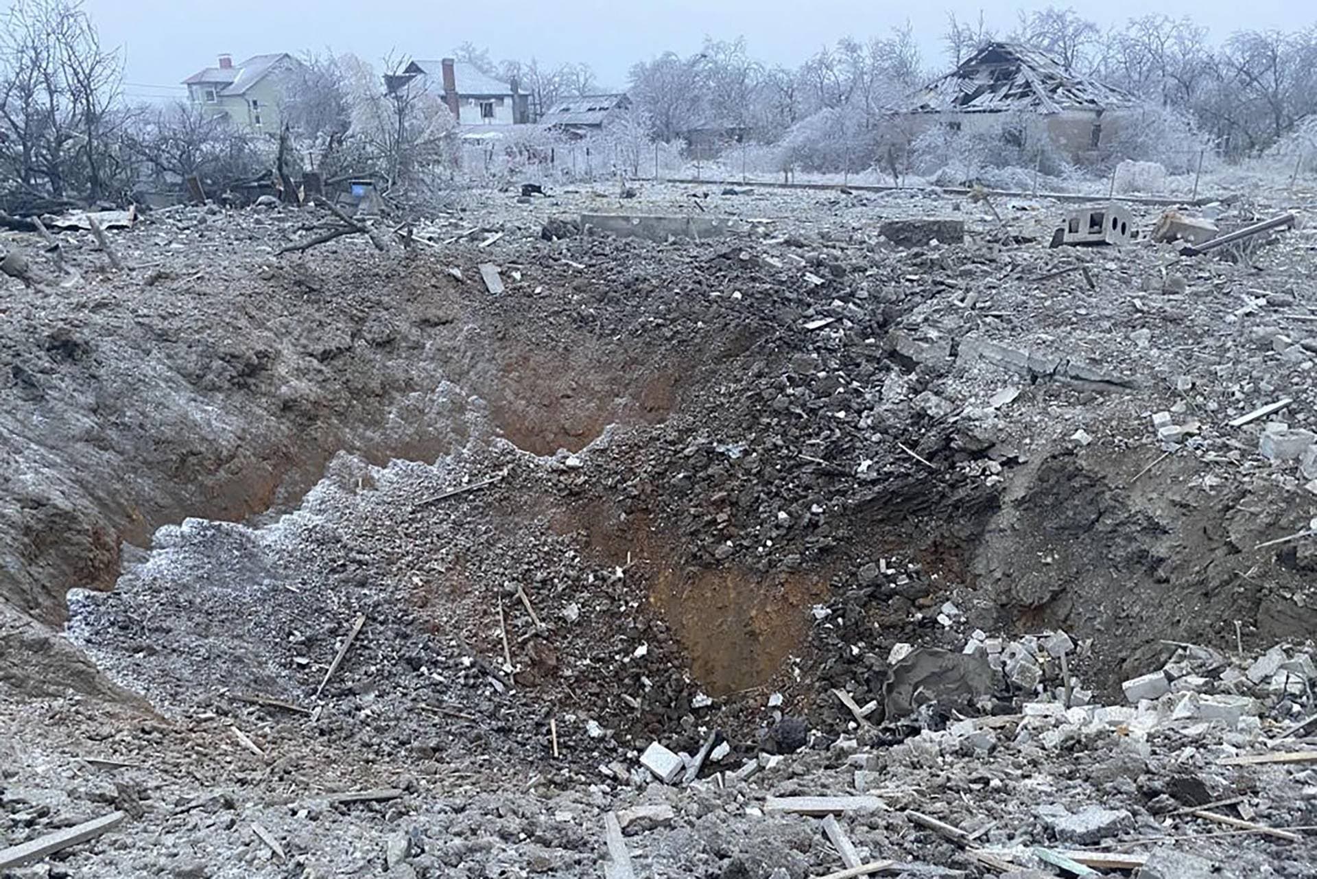 The crater of an explosion after a Russian missile attack in Novomoskovsk