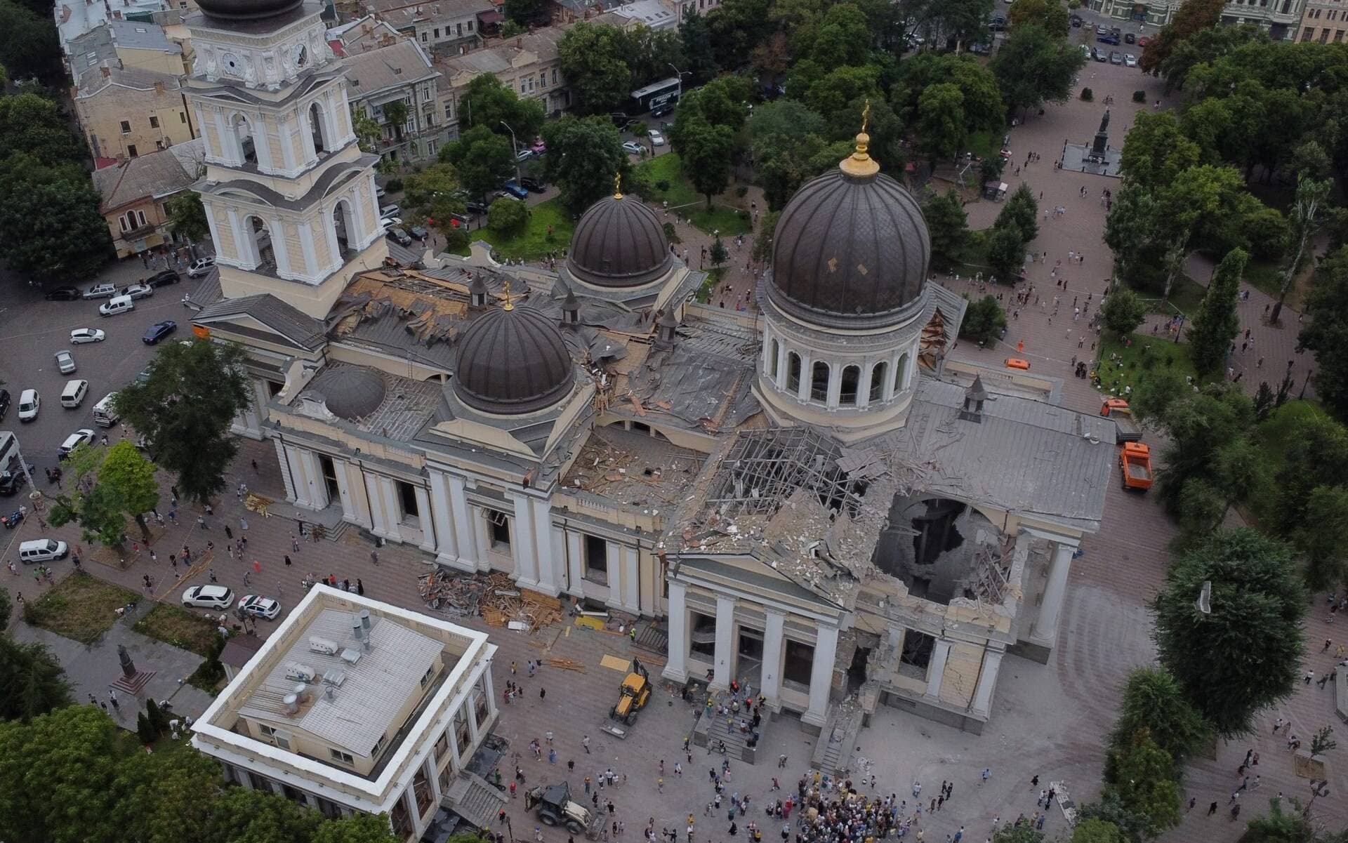 An aerial view of the Transfiguration Cathedral in Odesa after it was heavily damaged by Russian missile on July 23