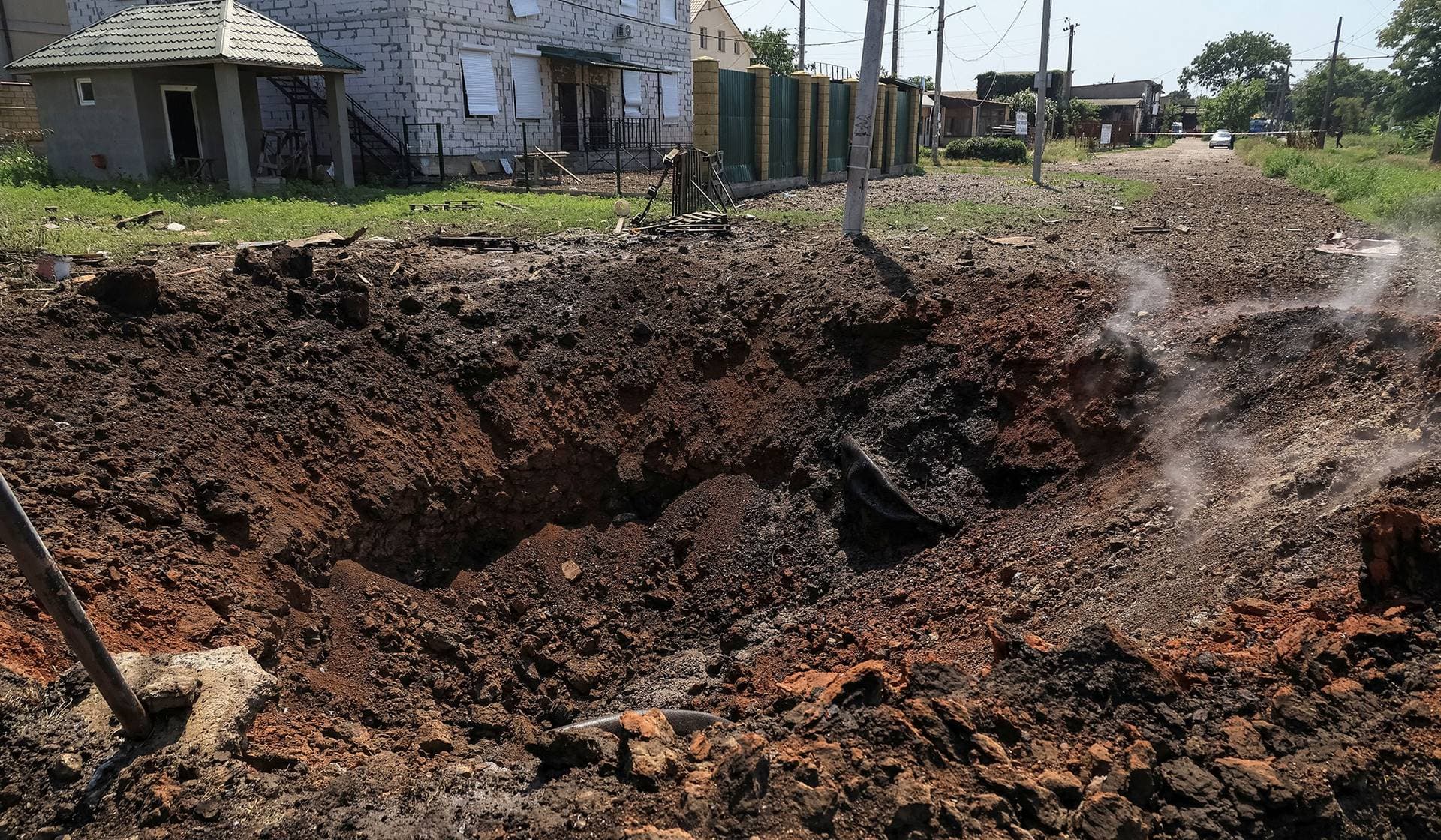 A crater at a site of a Russian missile strike in Odesa
