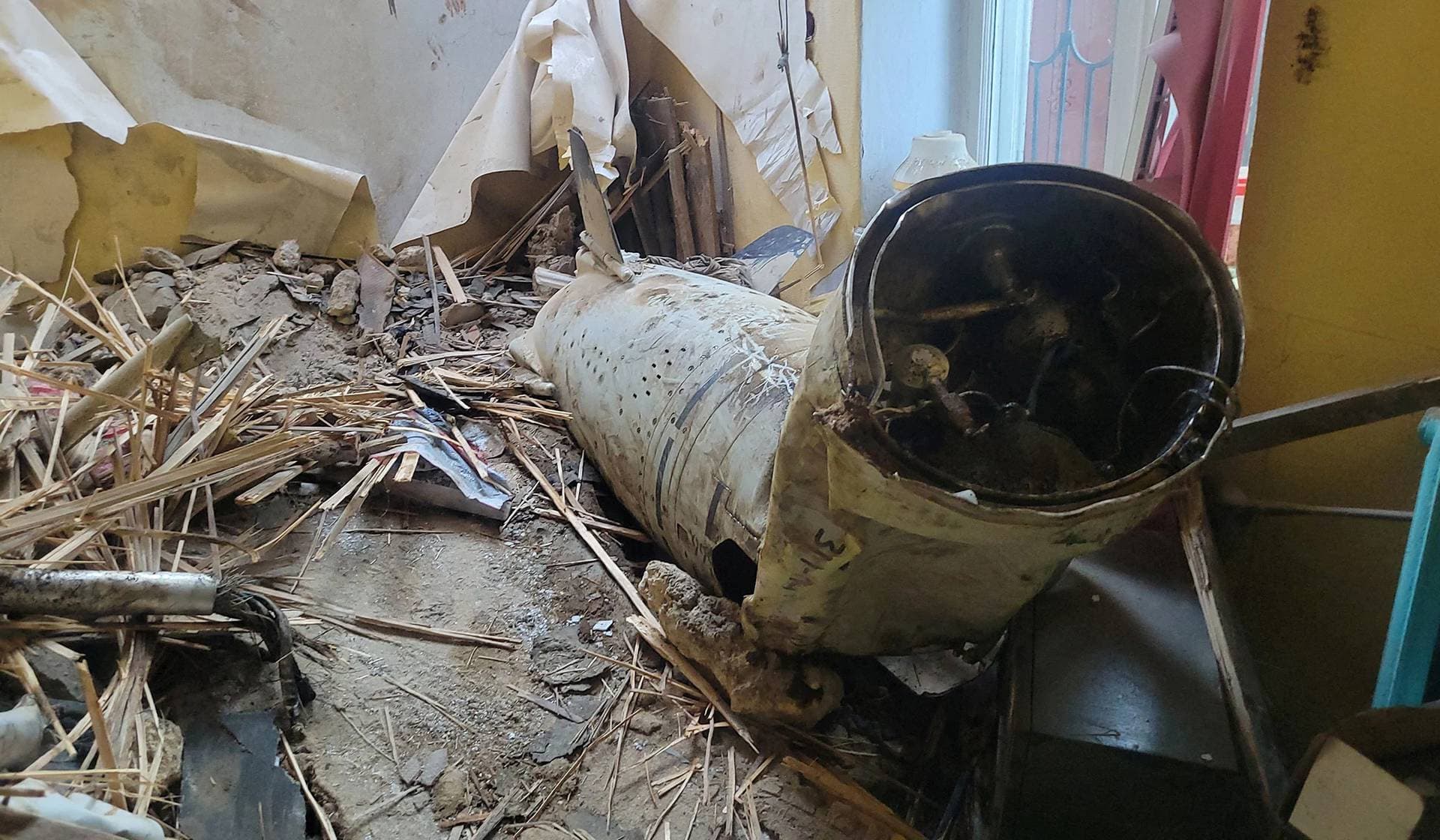 A part of a Russian Kalibr cruise missile inside a building damaged during a Russian missile and drone strikes in Odesa