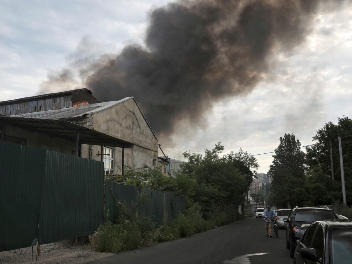 Smoke rises in the air after shelling in Odesa