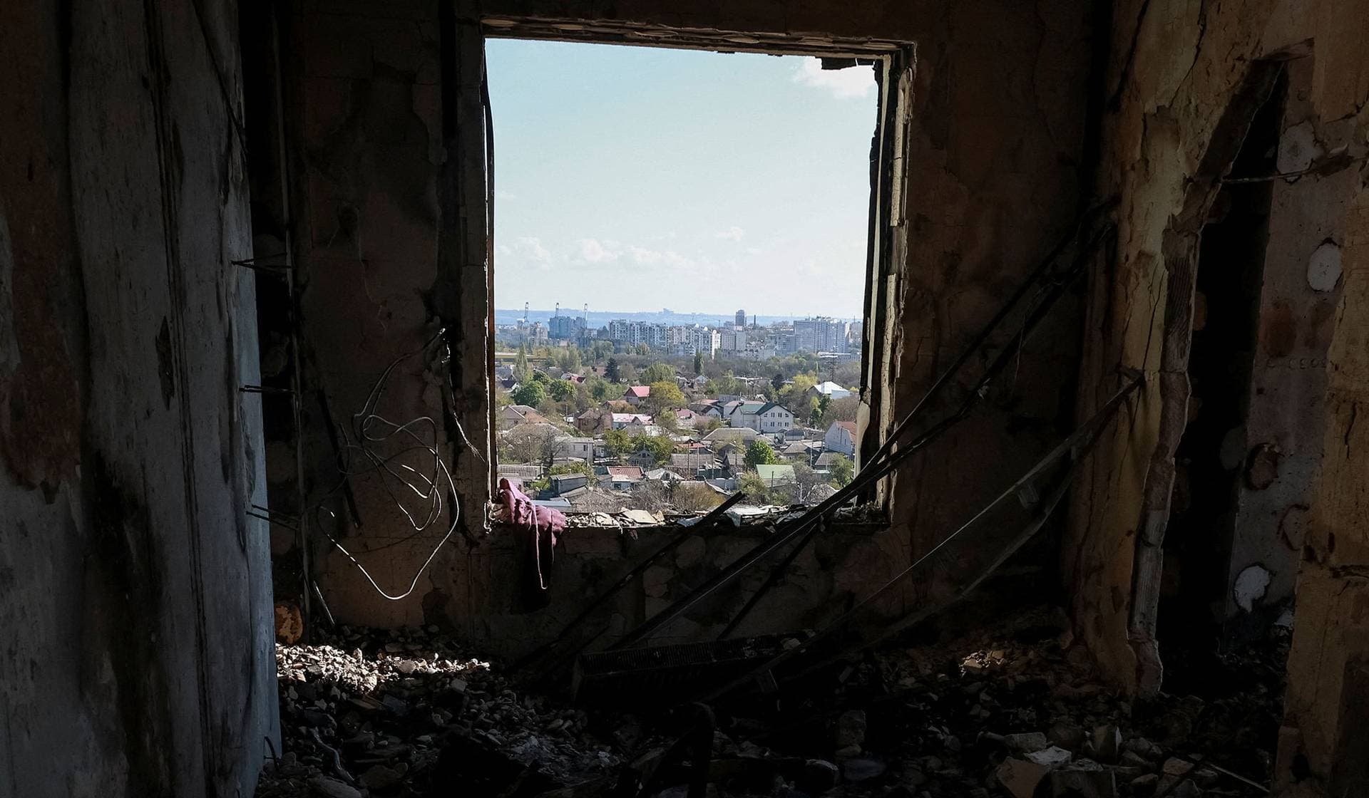 The interior of the damaged flat in an apartment building hit by a Russian drone strike in Odesa