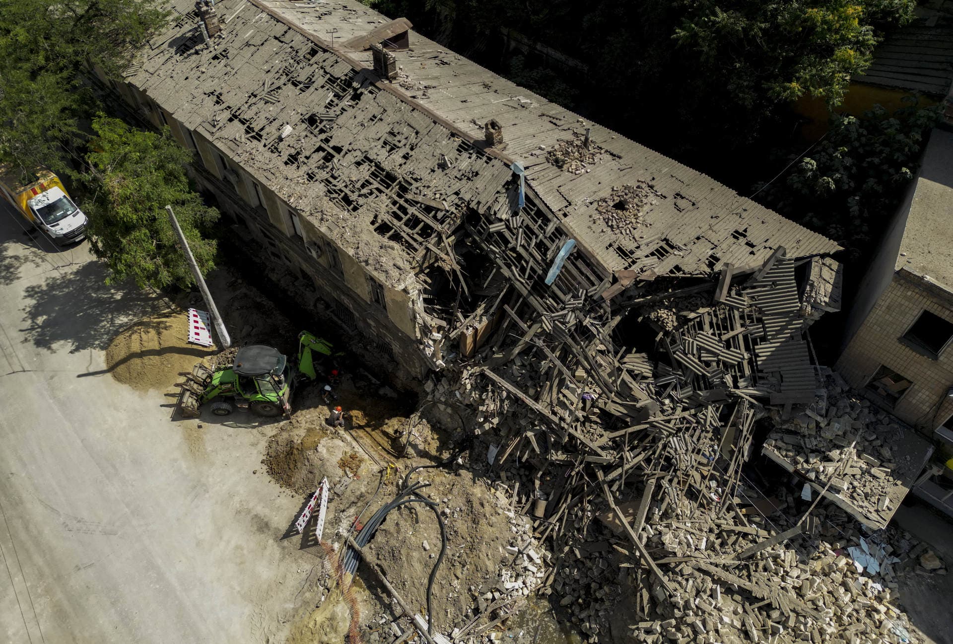 An aerial view of the damaged building after Russian missile attacks in Odessa