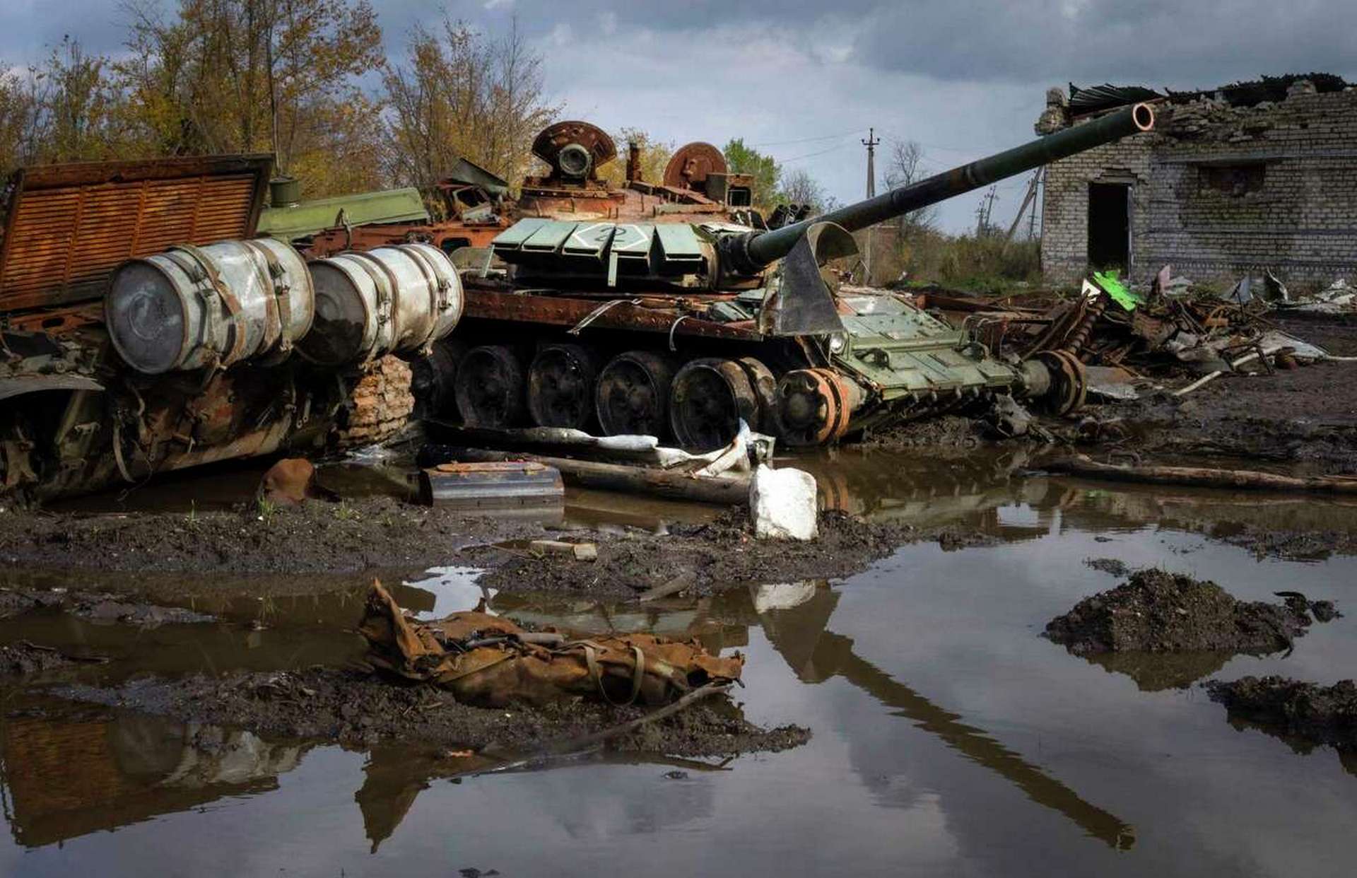 Russian tanks damaged in recent fighting are seen near the recently retaken village of Kamianka