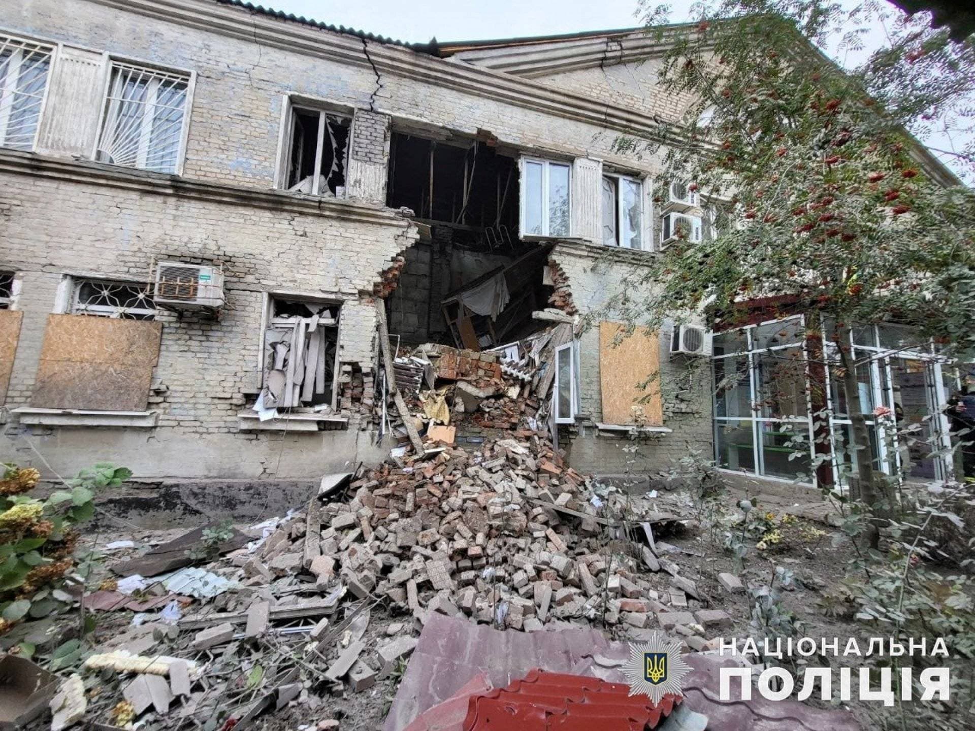 an administrative building damaged by a Russian missile strike in Pokrovsk