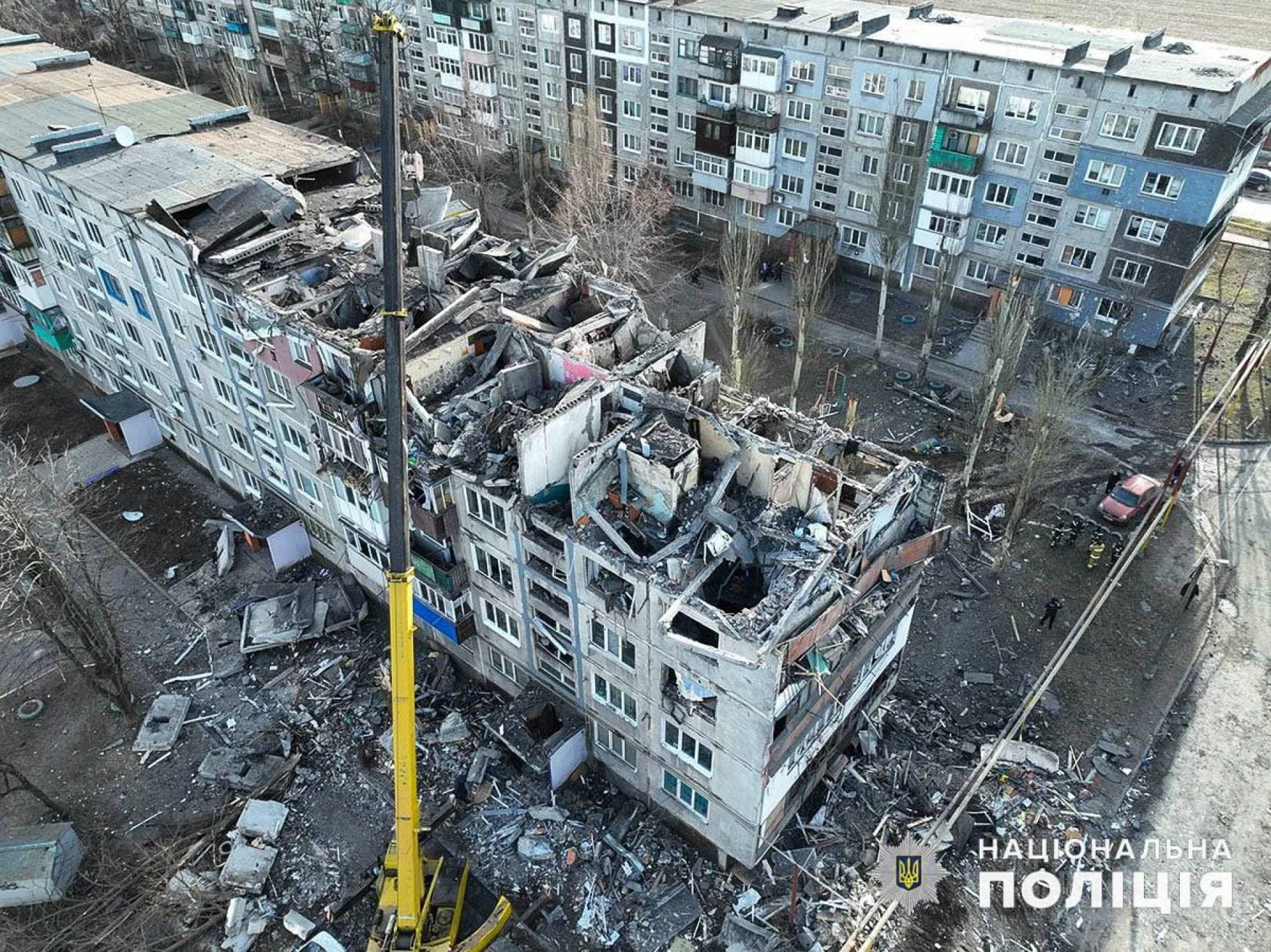 Apartment building hit by a Russian missile strike, in the town of Myrnohrad