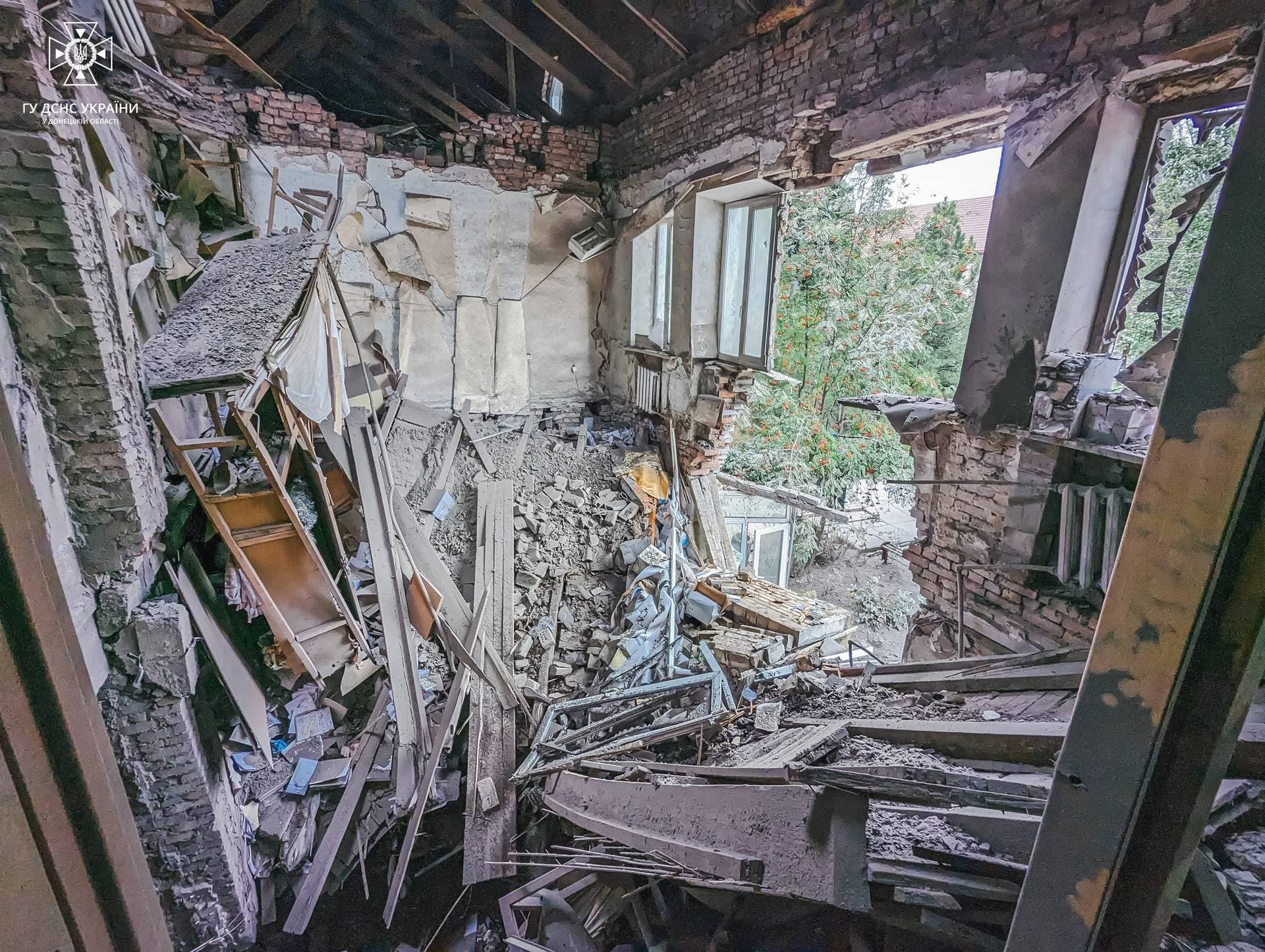An interior view shows an administrative building damaged by a Russian missile strike  in Pokrovsk