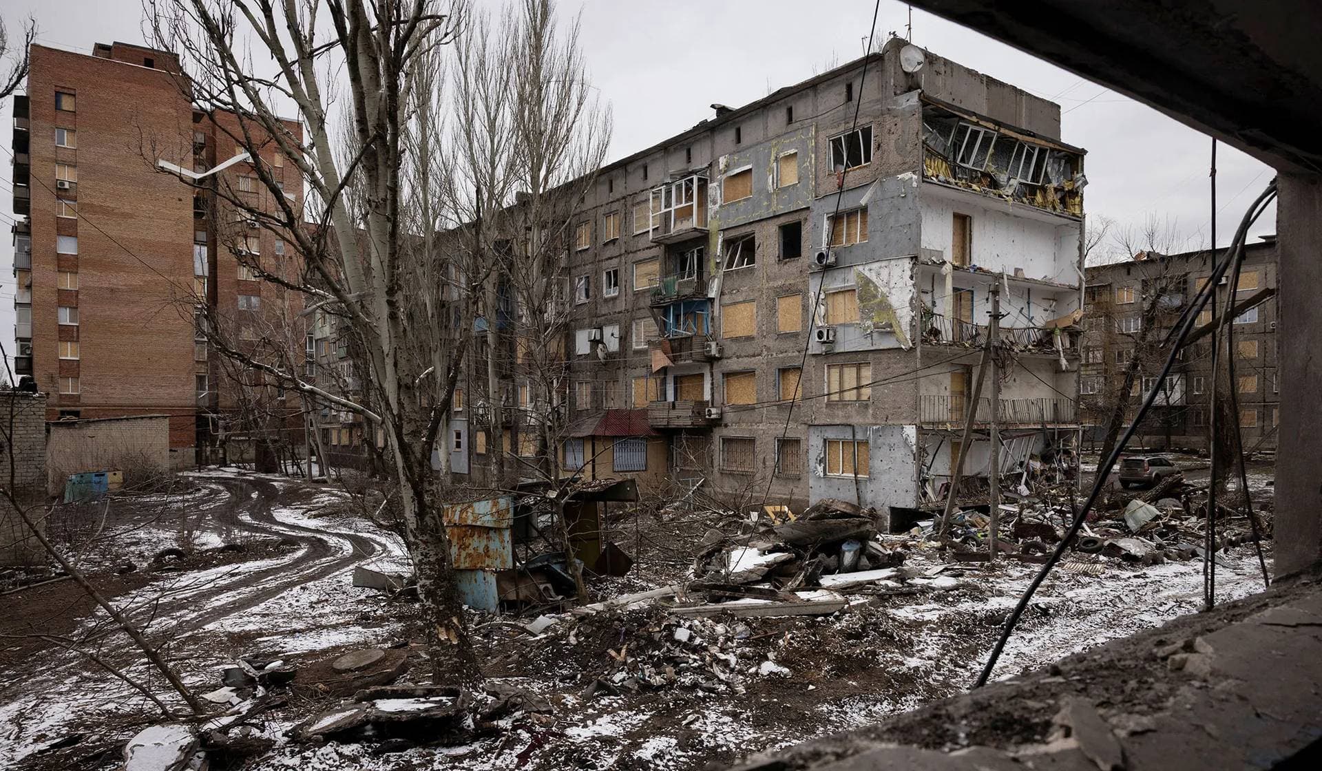 Damaged apartment blocks destroyed in a Russian missile strike in Selydove
