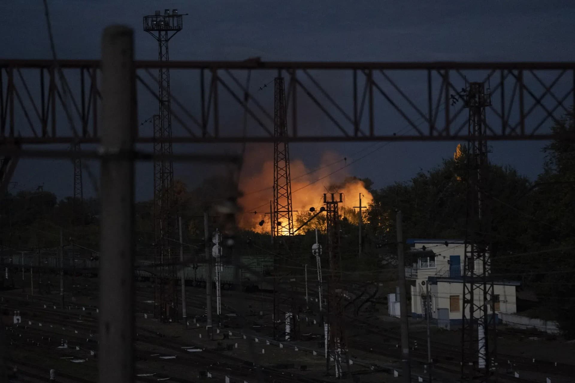 Flames rise from a fire following a Russian attack in Pokrovsk
