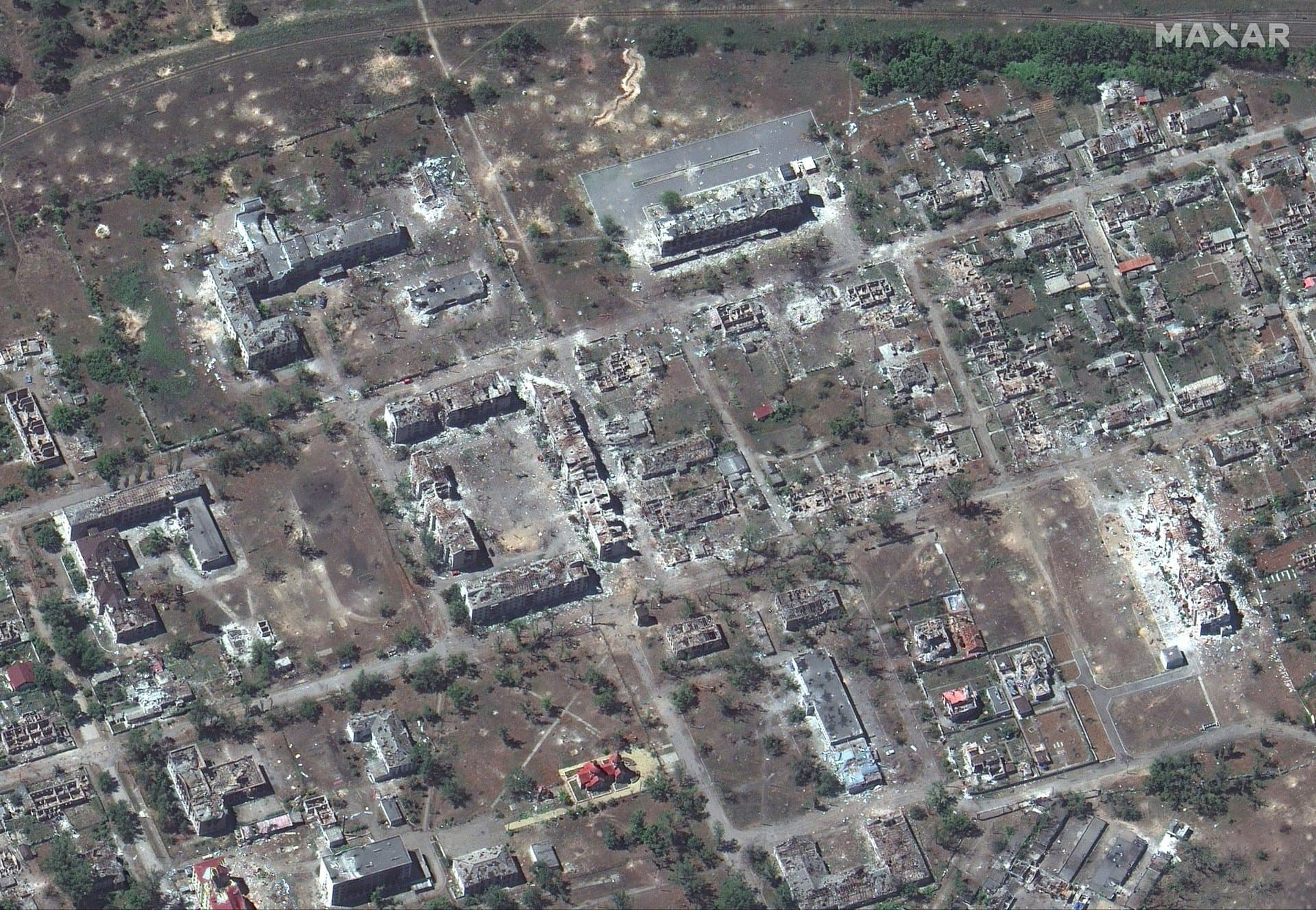This satellite image shows destroyed buildings in Rubizhne