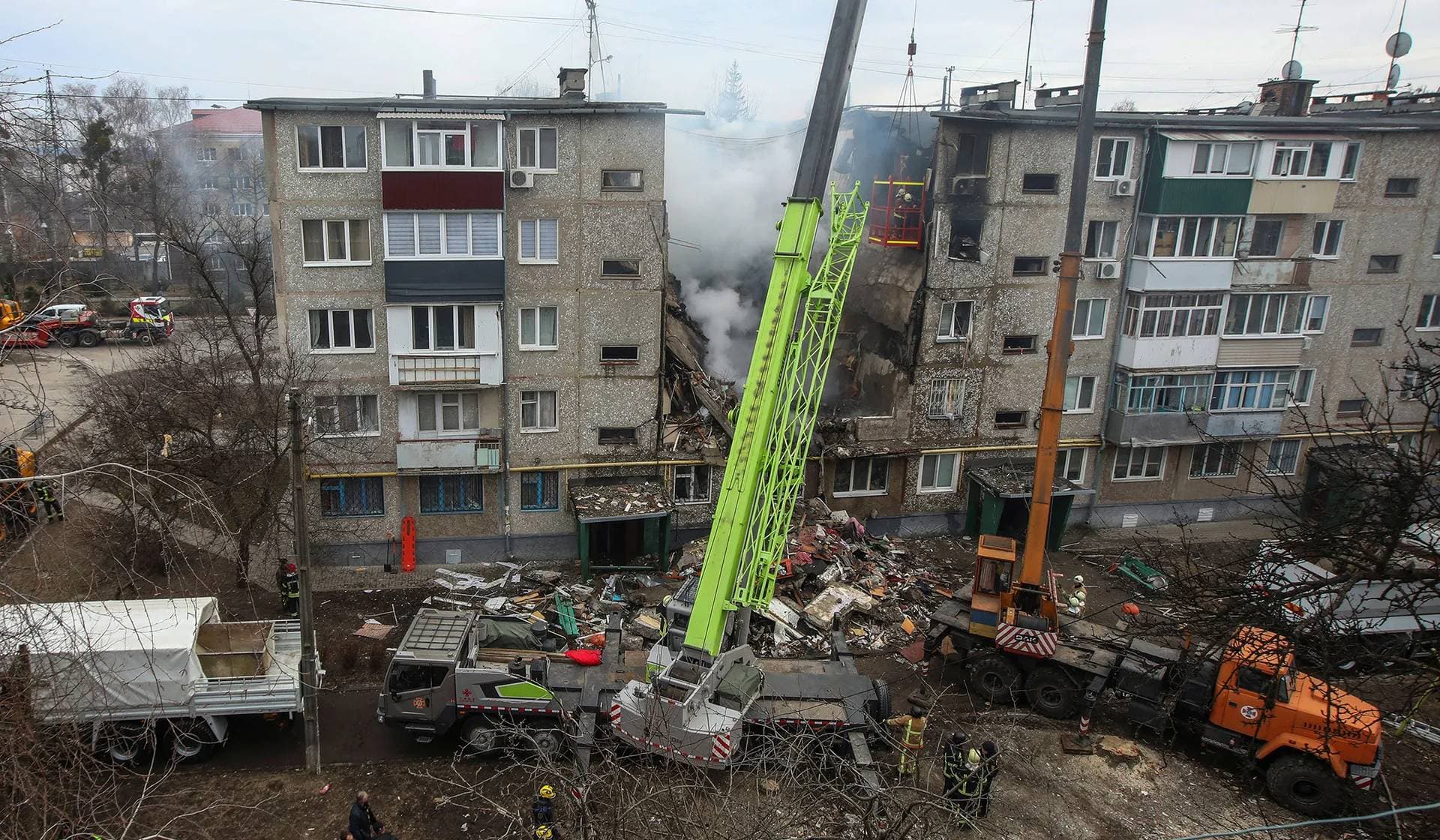 An apartment building heavily damaged by a Russian drone strike in Sumy
