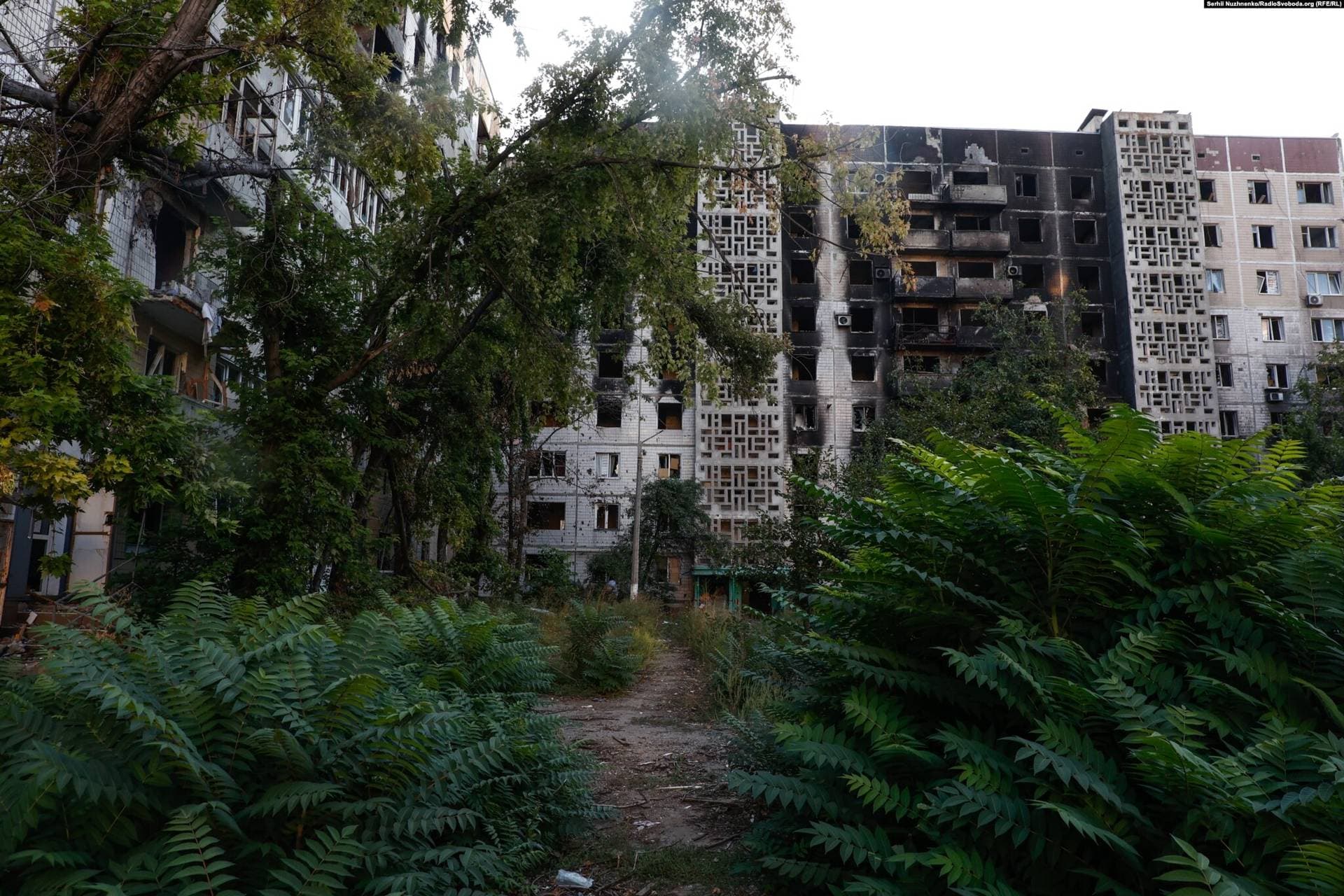 A burned-out apartment block