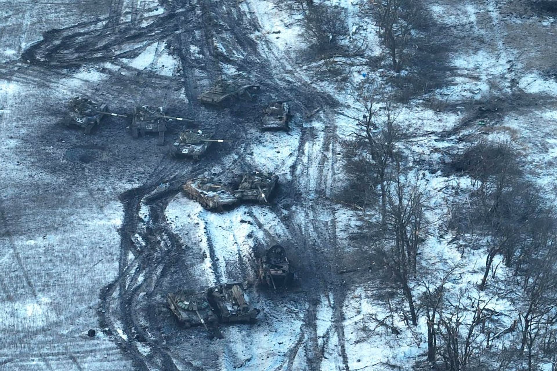 Damaged Russian tanks are seen near Vuhledar