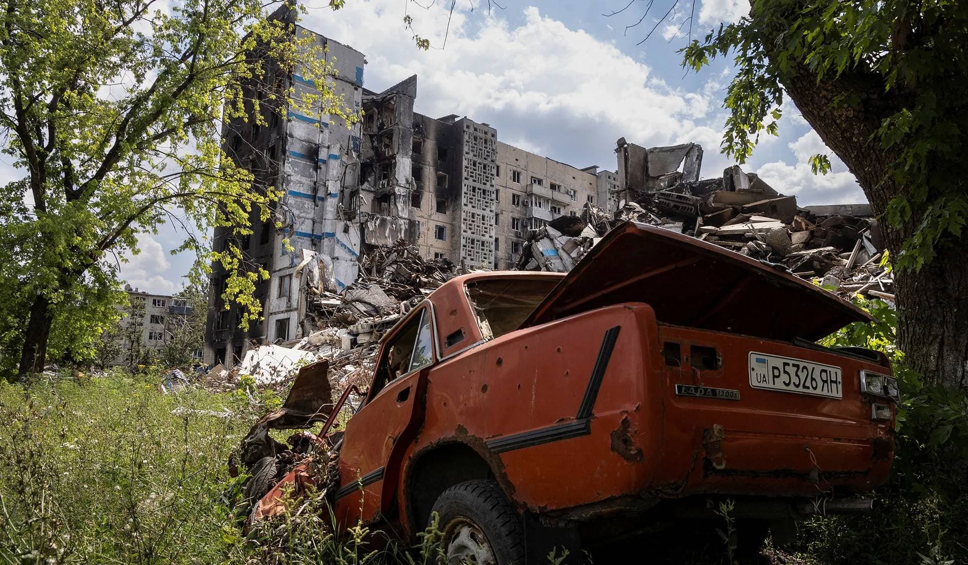 A residential buildings damaged by a Russian military strike in the front line city of Vuhledar
