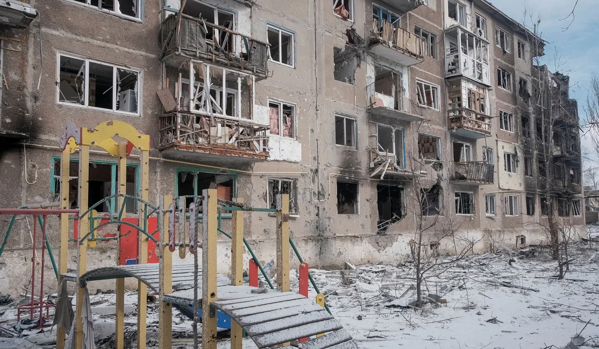 A building damaged by a Russian military strike in the front line city of Vuhledar