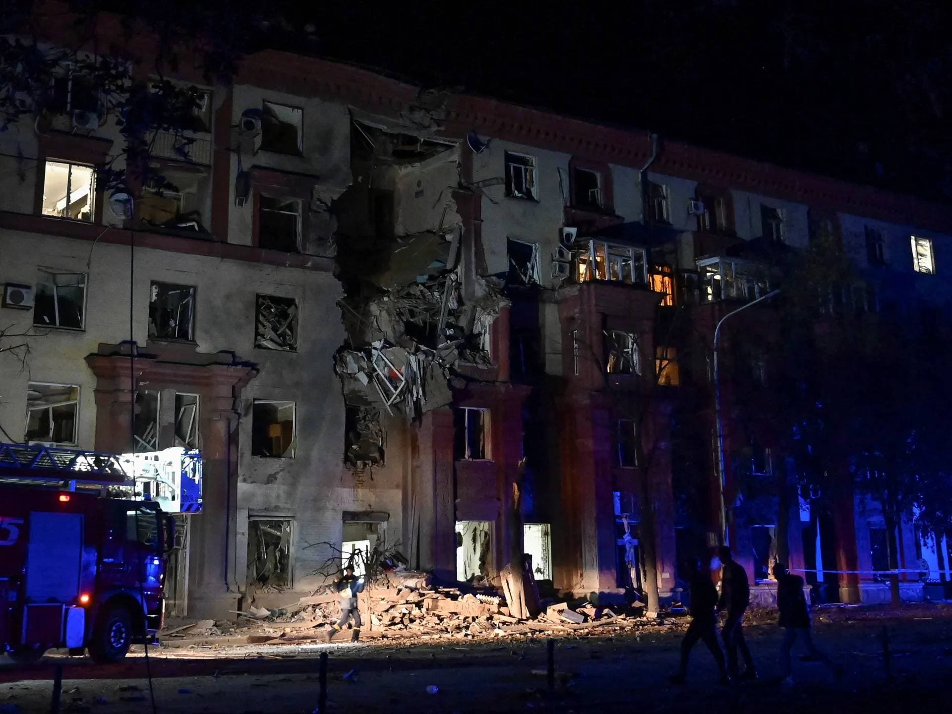 A view shows a residential building damaged by a Russian missile strike in Zaporizhzhia