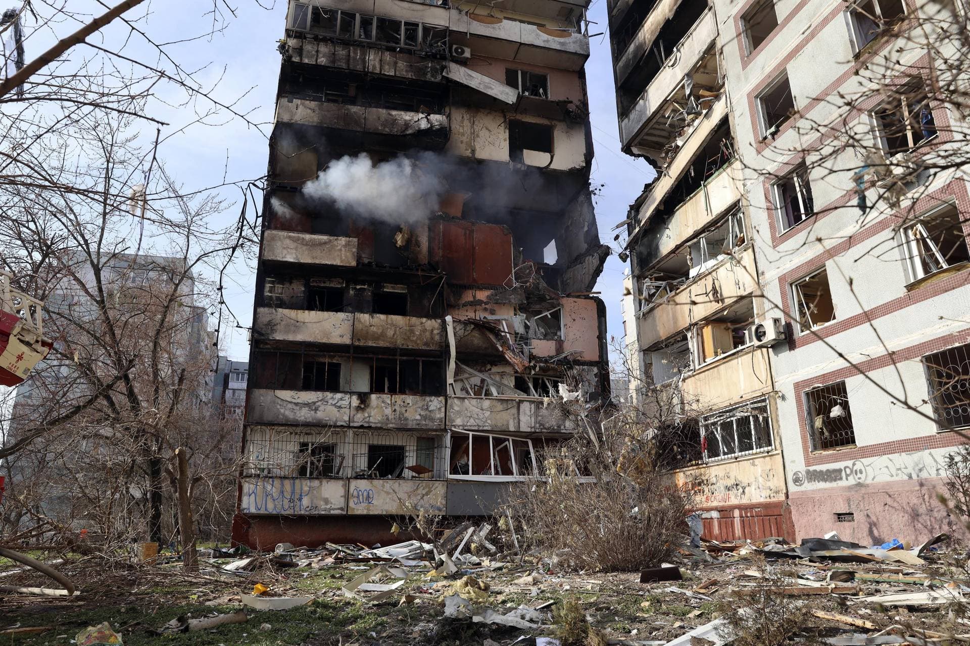 A residential multi-story building is seen damaged after a Russian missile hit it in southeastern city of Zaporizhzhia