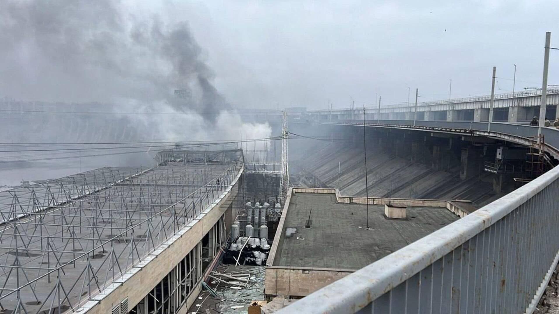 The Dnipro Hydroelectric Station, hit by a Russian missile strike, in Zaporizhzhia