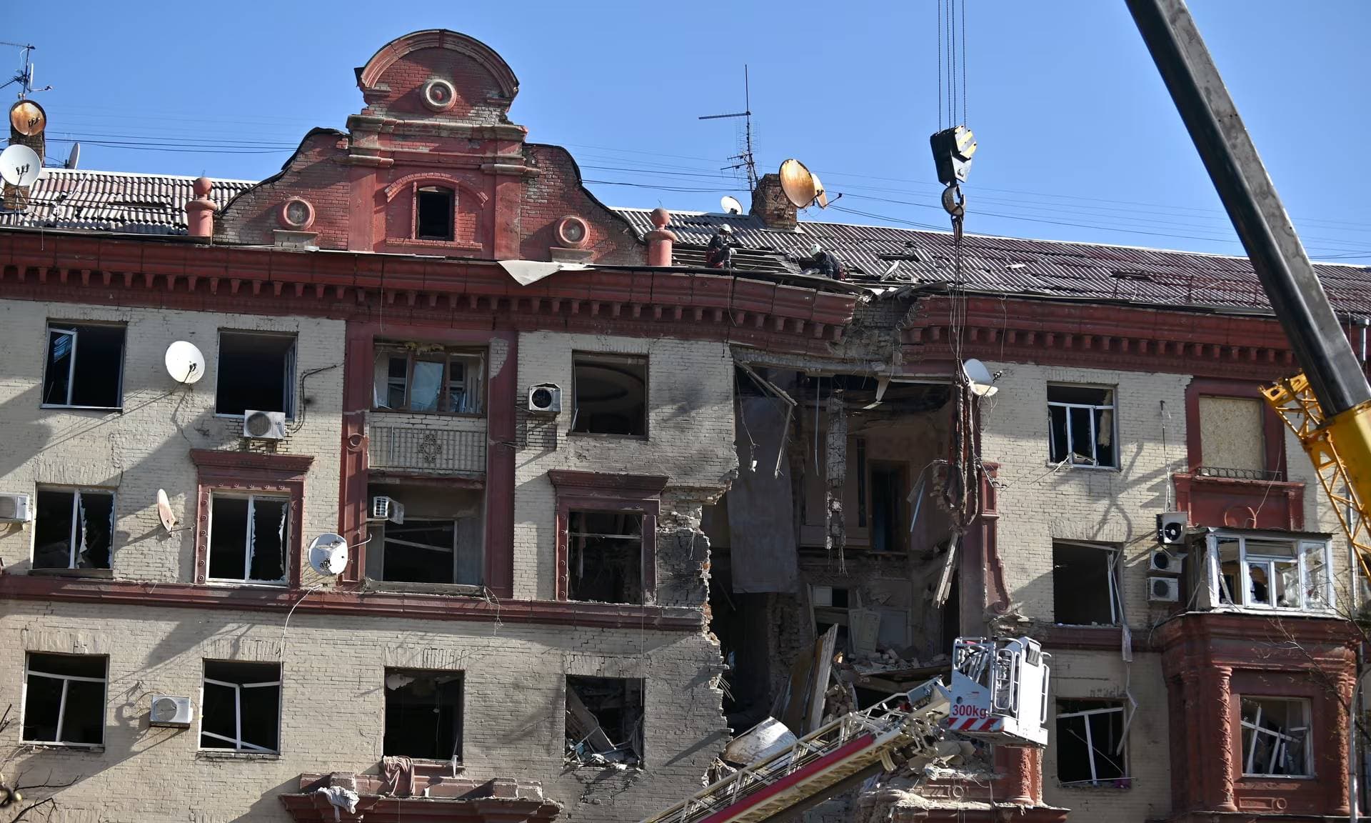 An apartment building hit by a Russian missile in Zaporizhzhia