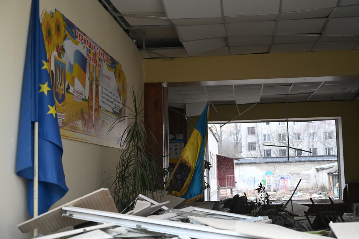 An interior of a school building destroyed by shelling in Zhytomyr