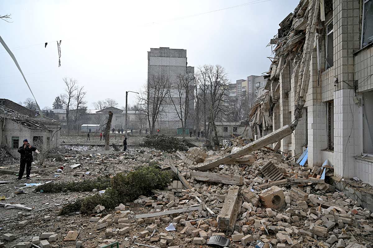 A view shows a school building destroyed by shelling in Zhytomyr